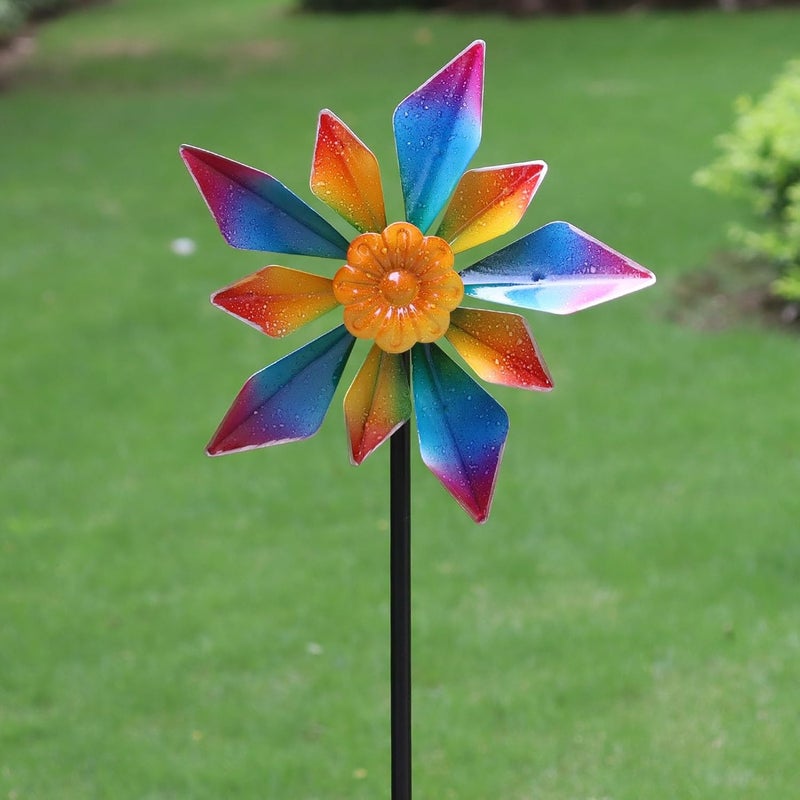 LERFUGI 10" Small Metal Wind Spinner for Garden, 48" Tall Outdoor Flower Yard Decoration – Rainbow Gradient Petals, Weather-Resistant Garden Stake Spinner for Patio & Planter - Image 5